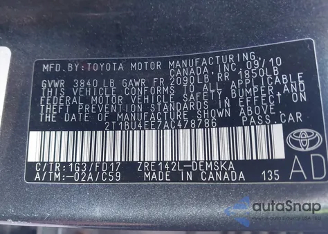 2010 Toyota Corolla S from USA, damaged, VIN 2T1BU4EE7AC478786